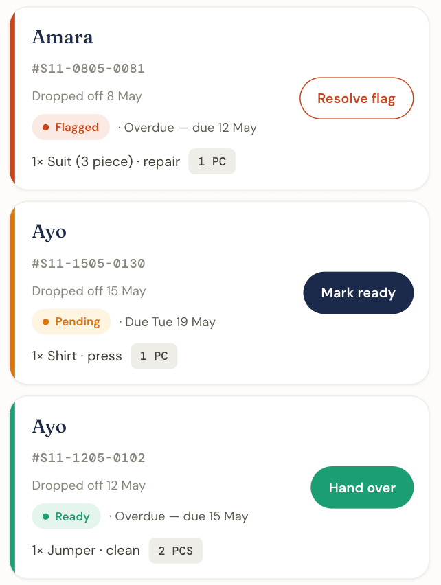 Docket order management dashboard showing orders in different statuses